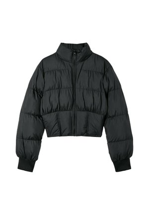 Veste courte matelassée noire avec col montant, fermeture éclair à l'avant, manches longues et poignets élastiques sur fond blanc.