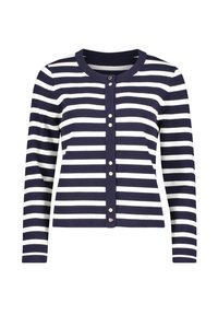 Granatowo-biały kardigan w paski z długimi rękawami, okrągłym dekoltem i guzikami z przodu z małym serduszkiem. Miękki dzianinowy materiał.