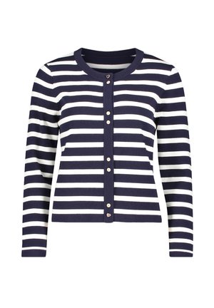 Cardigan à rayures bleu marine et blanc, manches longues, col rond et boutons sur le devant avec un petit détail en forme de cœur. Matière en maille douce.
