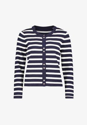 Marineblauw-wit gestreepte cardigan met lange mouwen, ronde hals en knoopsluiting aan de voorkant met een klein hartendetail. Zachte gebreide stof.