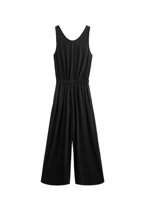 Jumpsuit nero con design a gamba larga, senza maniche e cintura elastica. Tessuto morbido con una silhouette semplice e moderna.