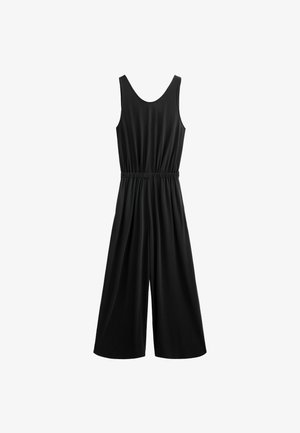 Zwarte jumpsuit met een wijde pijpen ontwerp, mouwloos en met een elastische tailleband. Glad materiaal met een eenvoudige, moderne silhouet.
