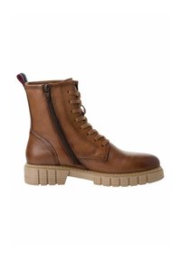 Bota de cuero marrón de tobillo con cordones frontales, cremallera lateral y suela de goma beige texturizada. Presenta un lazo estampado en la parte posterior.