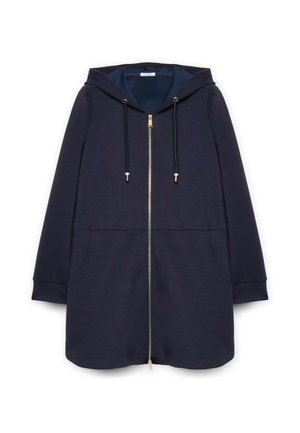 Marineblaue Zip-Hoodie mit verstellbarem Kapuzenzug, zwei Fronttaschen, gerippten Bündchen und glatter Textur. Mit goldfarbener Reißverschluss.