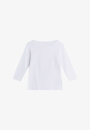 Weißes langärmeliges Shirt mit Boot-Ausschnitt, aus weichem Stoff, auf einfachem weißem Hintergrund dargestellt.