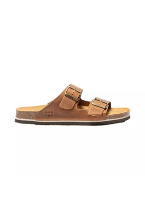 Sandale en cuir marron avec deux brides réglables à boucle métallique, semelle intérieure en liège et semelle extérieure en caoutchouc texturé, vue de profil.