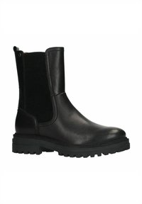 Zwarte leren enkelboot met elastische zijkanten, stevige rubberen zool en geprofileerde accenten; slank ontwerp voor duurzaamheid en comfort.