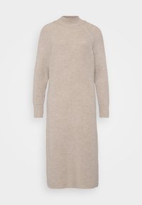 Μακρύ, μπεζ πλεκτό φόρεμα με ψηλό λαιμό, μακριά ραγλάν μανίκια και ριμπ μανσέτες. Μαλακή υφή με χαλαρή, ίσια εφαρμογή.