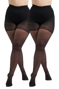 Zwarte high-waisted panty’s met een doorschijnende onderbeen. Het materiaal is soepel met een matte afwerking, voorzien van een verstevigde teen en een gestreept patroon op de bovenbenen.