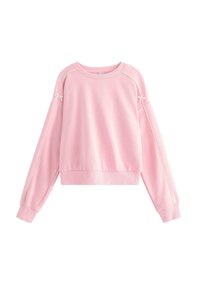 Rosa kortärmad sweatshirt med långa ärmar, vita pipingdetaljer och små rosetter på ärmarna. Mjuk tygkänsla med en avslappnad passform.