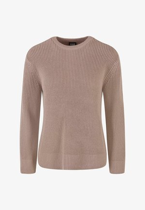 Pūkuotas megztinis šviesiai bežinėje spalvoje, su apvalia iškirpte, ilgomis rankovėmis, banguotais rankogaliais ir apačia, su tekstūruotu audinio raštu.