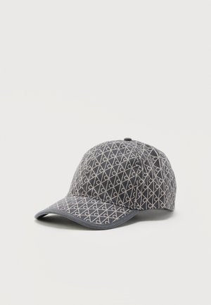 Dark gray baseball cap with a repeating light gray interlocking loop pattern and a curved brim, shown on a white background.