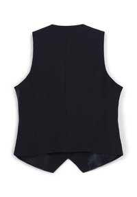 Schwarzes ärmelloses Top mit einem V-förmigen Rückenabschluss und glattem Stoff, von hinten auf einem weißen Hintergrund gezeigt.