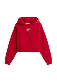 Felpa corta rossa realizzata in cotone morbido, con maniche lunghe, cappuccio e cordini. Presenta un design ricamato a forma di cuore sul petto.