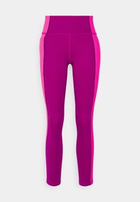 Leggings aderenti di un vivace magenta con pannelli laterali rosa, realizzati in tessuto elasticizzato. Presentano un alto punto vita e una superficie liscia.