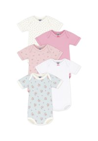 Σετ έξι κορμάκια με κοντά μανίκια: λευκό με πράσινες κουκκίδες, ροζ μονόχρωμο, ροζ με λουλούδια, λευκό με ροζ φιόγκο, ριγέ με λουλούδια και ανοιχτό μπλε με λουλούδια.