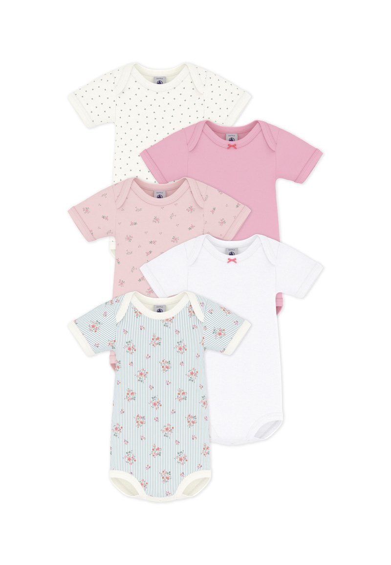 Σετ έξι κορμάκια με κοντά μανίκια: λευκό με πράσινες κουκκίδες, ροζ μονόχρωμο, ροζ με λουλούδια, λευκό με ροζ φιόγκο, ριγέ με λουλούδια και ανοιχτό μπλε με λουλούδια.