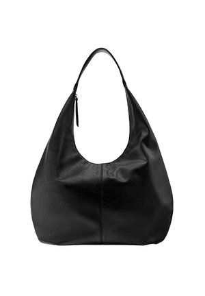 Sac à main hobo décontracté en cuir noir avec une seule bandoulière large et un détail de tirette de fermeture éclair sur fond blanc uni.