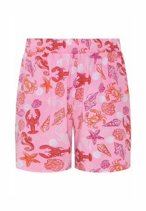 Rosa Shorts mit elastischem Bund, verziert mit orangefarbenen und lila Meeresmotiven, darunter Hummer, Krebse, Seesterne, Seepferdchen und verschiedene Muscheln.