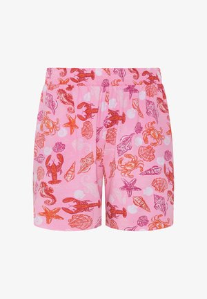 Pantalones cortos rosas con cintura elástica, decorados con motivos marinos en naranja y morado que incluyen langostas, cangrejos, estrellas de mar, caballitos de mar y diversos tipos de conchas.