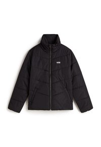 Doudoune noire Vans avec col montant, fermeture éclair avant, poches latérales et logo Vans blanc sur la poitrine gauche.