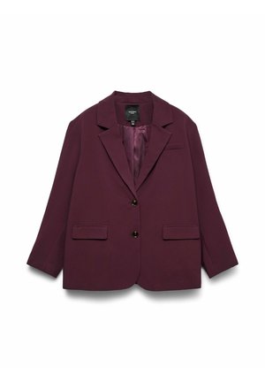 Bordeauxroter Blazer mit einreihigem Schnitt, Reverskragen, zwei vorderen Taschen und glatter Fütterung. Mit schwarzen Knöpfen und einem lockeren Schnitt.