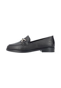 Mocassins en cuir noir avec un petit talon, dotés d'un détail de boucle décorative et d'accents cousus le long de l'empeigne. Texture lisse sur toute la surface.