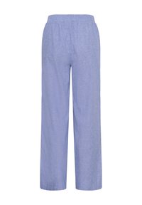 Pantalon en lin bleu clair à coupe ample avec une taille élastique et des jambes droites, conçu pour un confort décontracté.