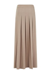 Gonna lunga plissettata beige con vita aderente, realizzata in un tessuto liscio, esposta piatta su uno sfondo bianco.