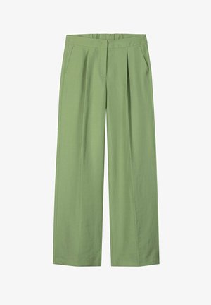 Light green high-waisted wide-leg trousers with front pleats and side pockets, tailored waistband with concealed front fastening.