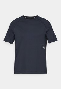 Dark navy short-sleeve t-shirt made of lightweight fabric, featuring a crew neckline with small eyelet details at the back and logo on the front side.