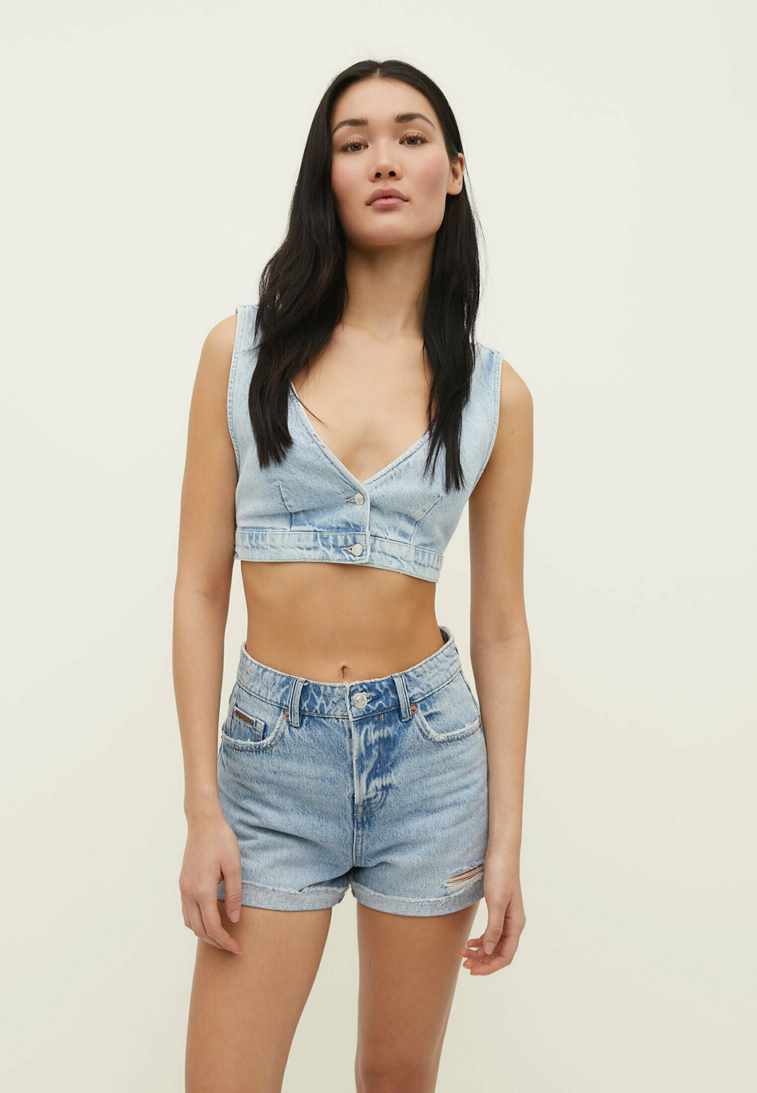 Top Court Stradivarius Bleu Clair – Sans Manches, Taille S, Parfait état