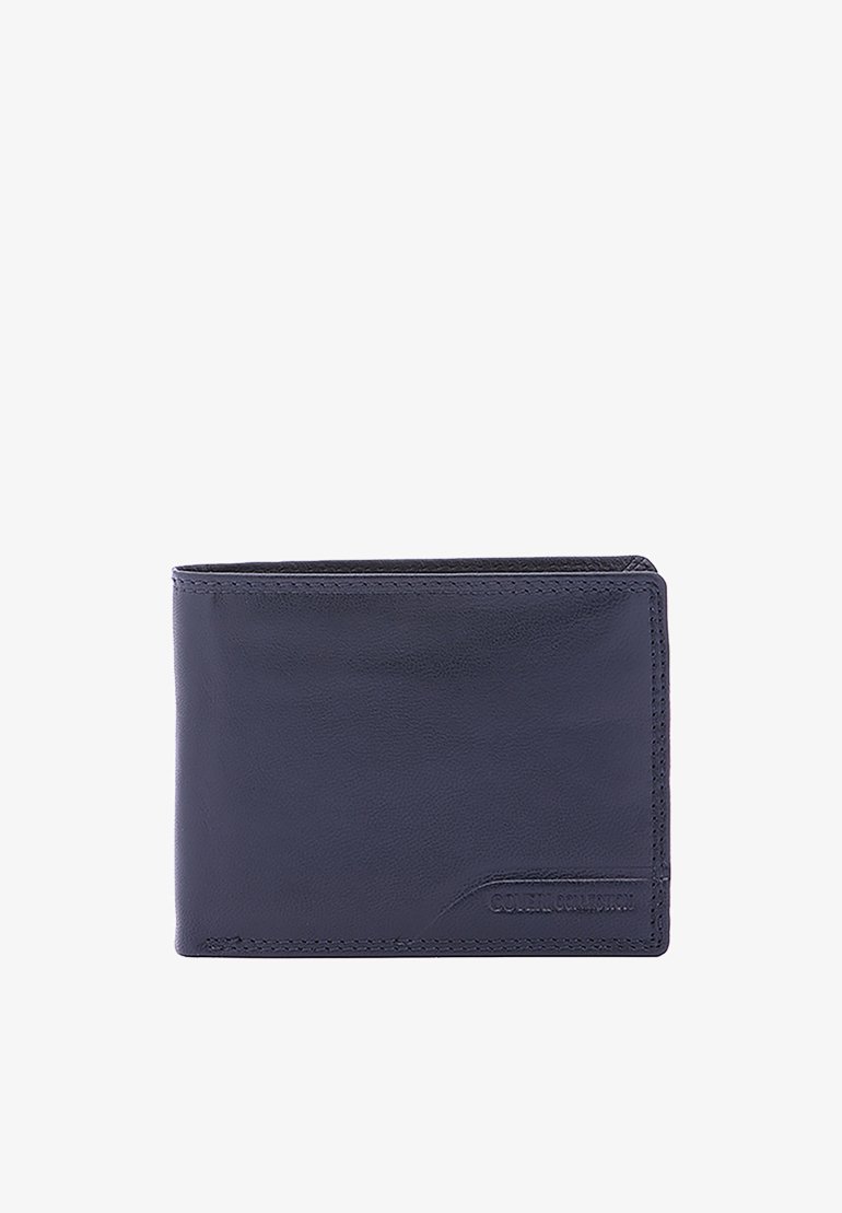 Navy leather wallet with a smooth texture, bi-fold design, and embossed logo on the front. Features multiple card slots and compartments.