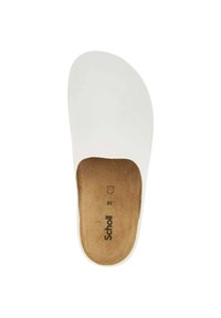 Chaussure blanche à enfiler, de forme arrondie, avec une empeigne en synthétique lisse. Doublure intérieure marron avec la marque "Scholl" et une indication de taille 36.