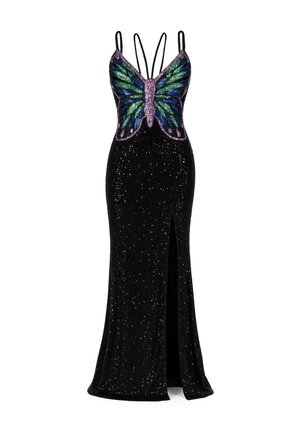 Vestido largo negro de lentejuelas con adornos de mariposas en verde y púrpura, que presenta tirantes delgados ajustables y una abertura alta por el muslo.
