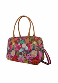 Handtasche mit floralem Muster und braunen Ledergriffen, die lebendige Farben, intricate Designs und einen abnehmbaren gestreiften Schulterriemen aufweist.