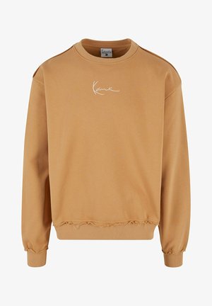 Hnědá bavlněná mikina s kulatým výstřihem, elastickými manžetami a třepeným lemem, s bílým podpisovým logem na přední straně.