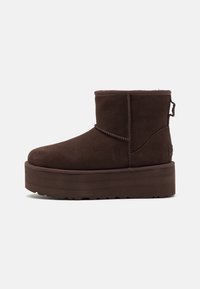 Brown suede ankle boot with a thick platform sole, rounded toe, and soft shearling lining. Features a back loop for easy wear.