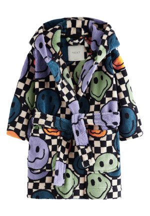 Fleece-Kapuzenmantel mit schwarz-weißem Schachbrettmuster und großen, bunten Smiley-Gesichtern in Grün, Blau, Lila und Orange, mit Gürtel.