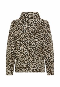 Leopardenmuster-Pullover mit umschlagbarem Kragen, langen Ärmeln, aus einem weichen Material gefertigt, mit einem tanfarbenen und schwarzen Fleckenmuster.