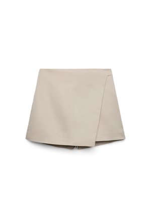 Skort beige con parte frontale avvolgente, linee pulite e leggero sovrapporsi, realizzato in tessuto liscio, mostrato su sfondo bianco.