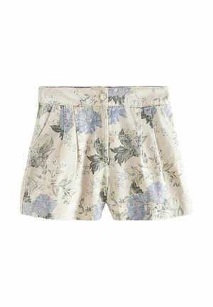 Cream-colored shorts with blue and green floral print, front pleats, side pockets, and a button closure at the waistband.
