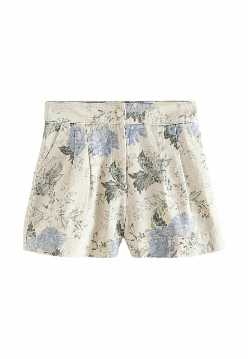 Shorts couleur crème avec imprimé floral bleu et vert, plis avant, poches latérales et fermeture à bouton à la taille.