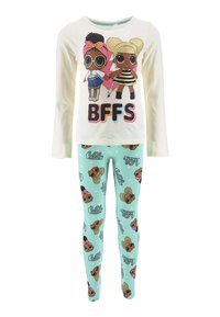 Top crema de manga larga con dos personajes de dibujos animados y "BFFS" en negrita. Leggings menta con impresiones repetidas de personajes y lunares.