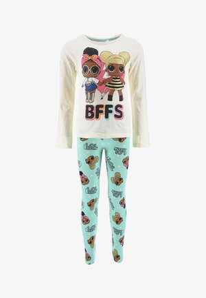 Top crema a maniche lunghe con due personaggi dei cartoni animati e "BFFS" in grassetto. Leggings verde menta con stampe di personaggi ripetute e pois.