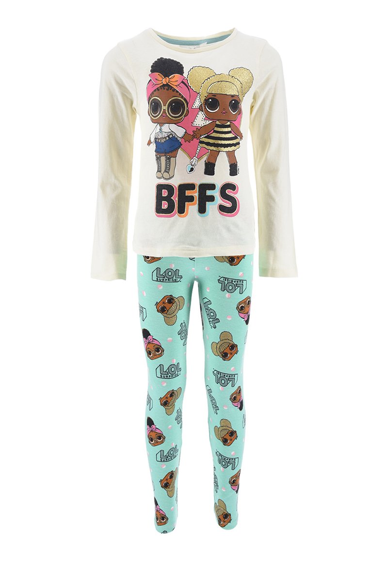 Top crema de manga larga con dos personajes de dibujos animados y "BFFS" en negrita. Leggings menta con impresiones repetidas de personajes y lunares.