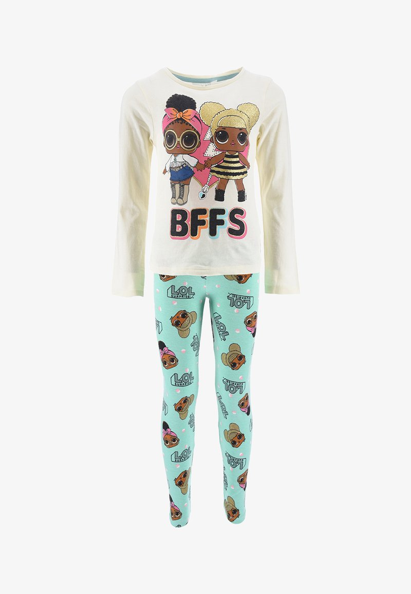 Top crema a maniche lunghe con due personaggi dei cartoni animati e "BFFS" in grassetto. Leggings verde menta con stampe di personaggi ripetute e pois.