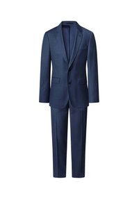 Navyblauer Anzug aus strukturiertem Stoff, bestehend aus einem einreihigen Blazer mit Revers und einer Flachfronthose.