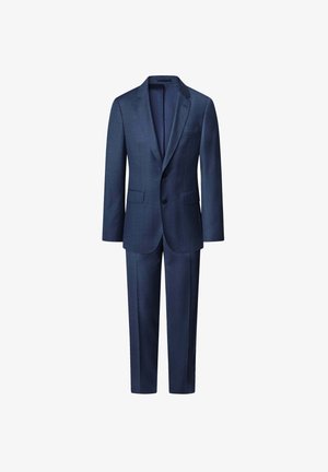 Navyblauer Anzug aus strukturiertem Stoff, bestehend aus einem einreihigen Blazer mit Revers und einer Flachfronthose.
