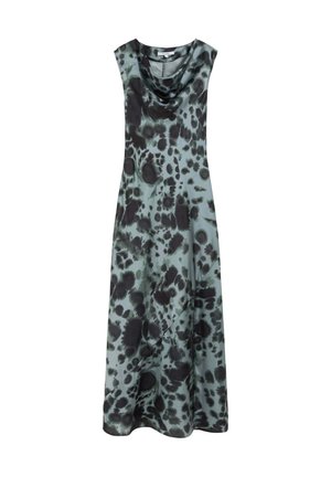 Vestido largo sin mangas con escote fruncido en azul claro con un estampado abstracto negro de manchas y dobladillo asimétrico.